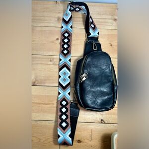 Black Crossbody Sling Bag with Patterned Strap